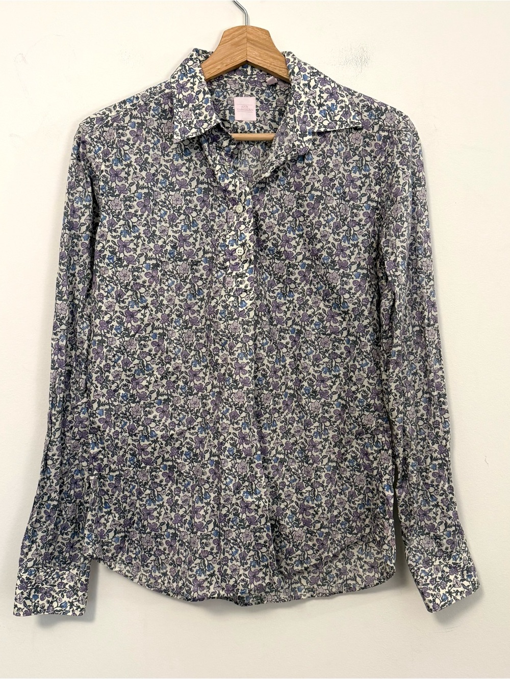 Ann Mashburn Floral Button Front Shirt Purple Blue Cotton Made USA Women’s XS